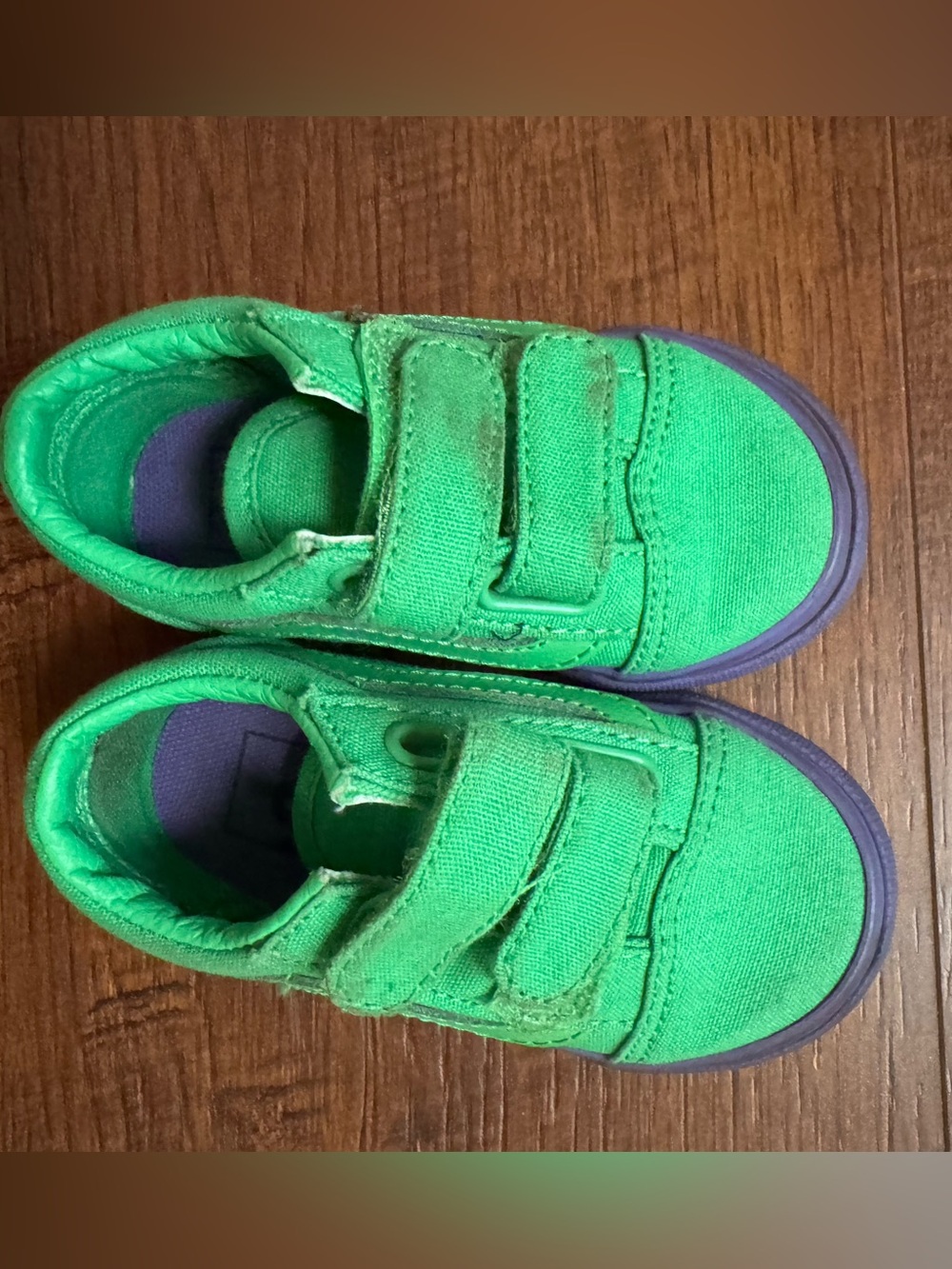 Vans Kids Green Canvas Velcro Sneakers with Purple Soles